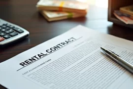 Documento de contrato de locação com caneta sobre mesa de madeira escura, ao lado calculadora e cofre com dinheiro