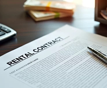 Documento de contrato de locação com caneta sobre mesa de madeira escura, ao lado calculadora e cofre com dinheiro