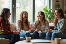 Quatro roommates conversando animadamente na sala moderna de um apartamento compartilhado