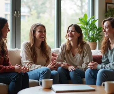 Quatro roommates conversando animadamente na sala moderna de um apartamento compartilhado