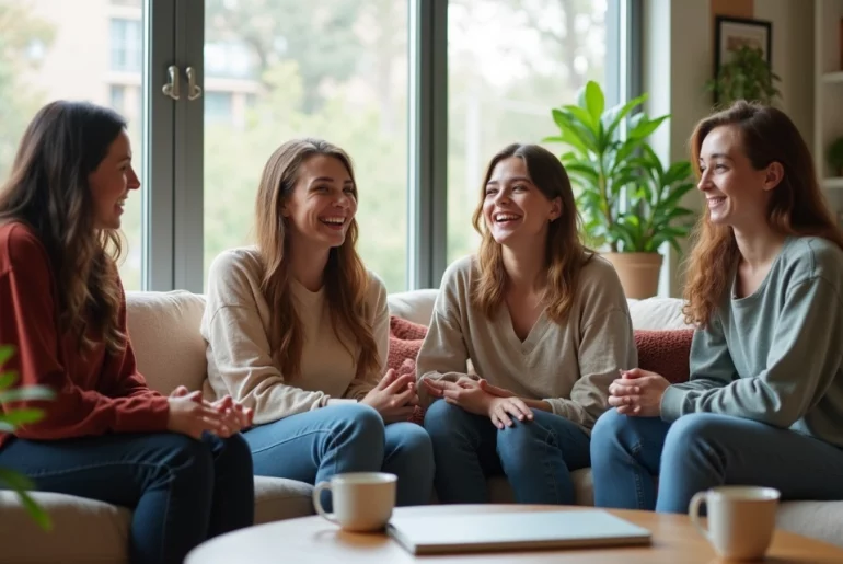 Quatro roommates conversando animadamente na sala moderna de um apartamento compartilhado