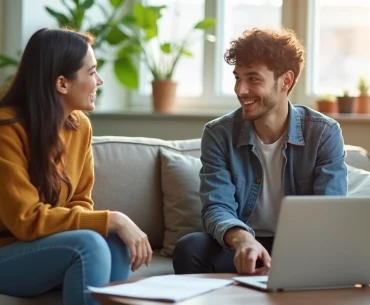 Duas pessoas conversando em sala de estar moderna e iluminada durante reunião para dividir quarto