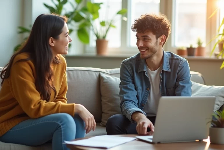 Duas pessoas conversando em sala de estar moderna e iluminada durante reunião para dividir quarto