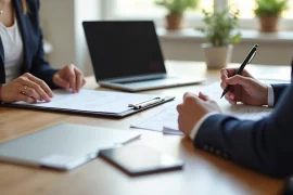 Duas pessoas sentadas em uma mesa durante entrevista para aluguel, com documentos e caneta à vista