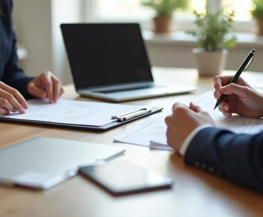 Duas pessoas sentadas em uma mesa durante entrevista para aluguel, com documentos e caneta à vista