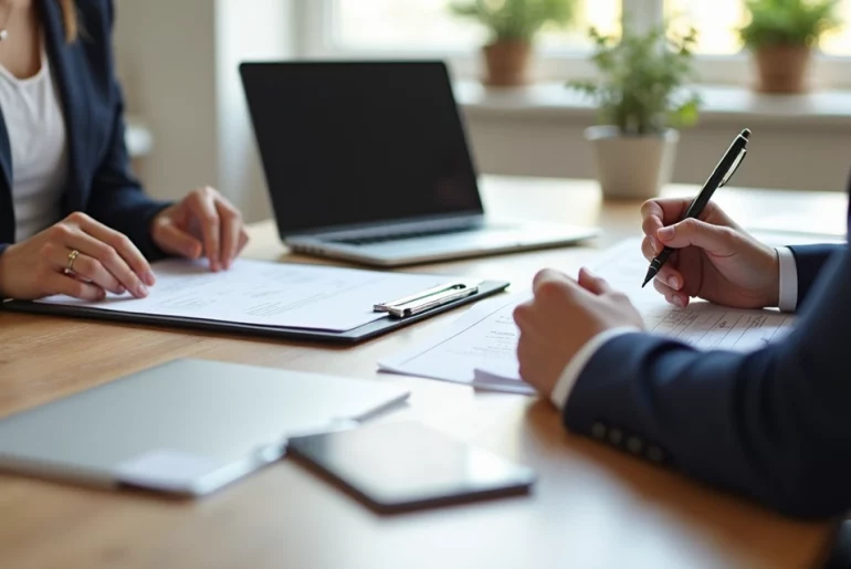 Duas pessoas sentadas em uma mesa durante entrevista para aluguel, com documentos e caneta à vista
