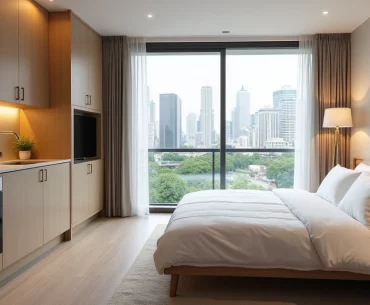 Kitnet compacta e equipada com móveis essenciais, cozinha integrada e janela ampla com vista urbana