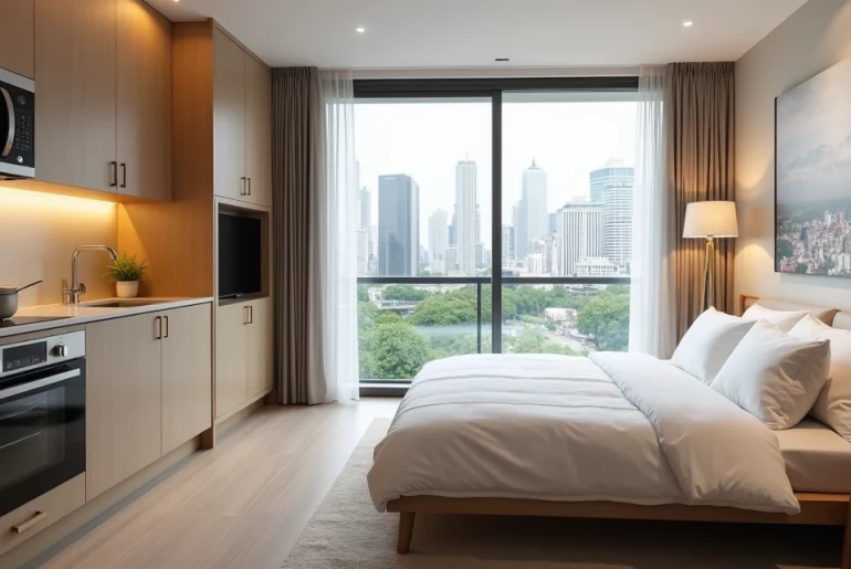 Kitnet compacta e equipada com móveis essenciais, cozinha integrada e janela ampla com vista urbana