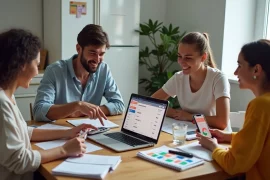 Jovens em república calculando divisão de despesas no celular e notebook