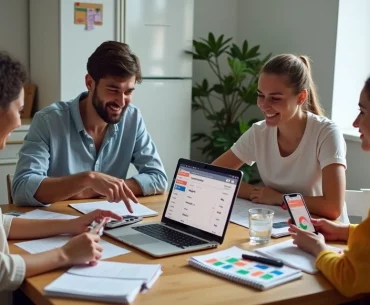 Jovens em república calculando divisão de despesas no celular e notebook