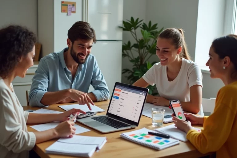 Jovens em república calculando divisão de despesas no celular e notebook