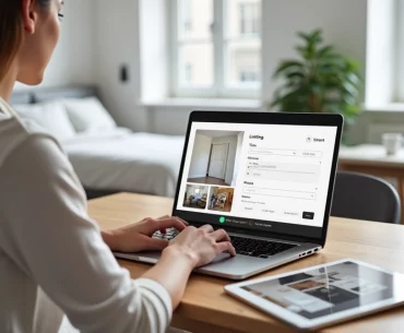 Pessoa anunciando quarto em plataforma online com fotos e detalhes do imóvel