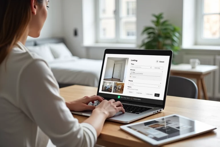 Pessoa anunciando quarto em plataforma online com fotos e detalhes do imóvel