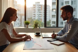 Inquilino e proprietário negociando desconto no aluguel na mesa da sala