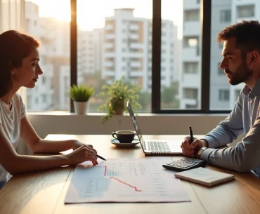 Inquilino e proprietário negociando desconto no aluguel na mesa da sala