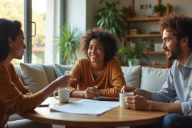 Moradores conversando na sala sobre regras da casa em quarto de aluguel