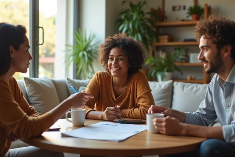 Moradores conversando na sala sobre regras da casa em quarto de aluguel