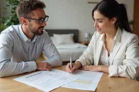 Pessoa revisando contrato de aluguel de quarto com corretor em sala de estar moderna