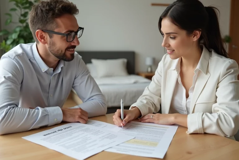 Pessoa revisando contrato de aluguel de quarto com corretor em sala de estar moderna