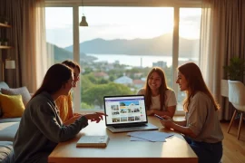Jovens analisando anúncio de quarto para alugar em apartamento com vista para Florianópolis