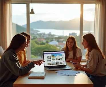 Jovens analisando anúncio de quarto para alugar em apartamento com vista para Florianópolis