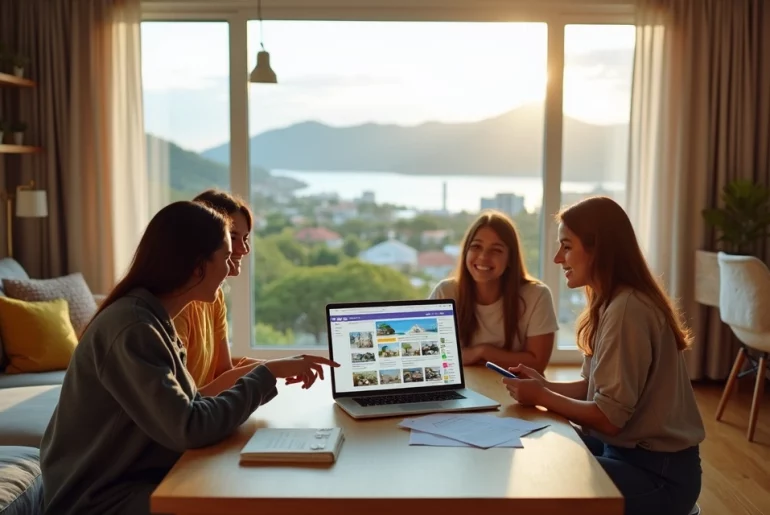 Jovens analisando anúncio de quarto para alugar em apartamento com vista para Florianópolis