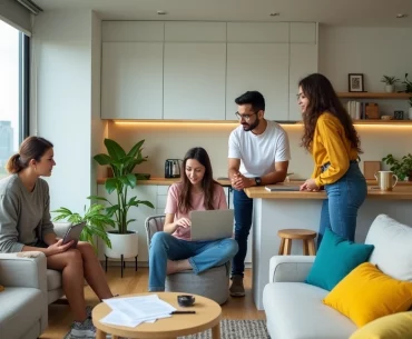 Vista interna de sala integrada com jovens dividindo apartamento em Curitiba