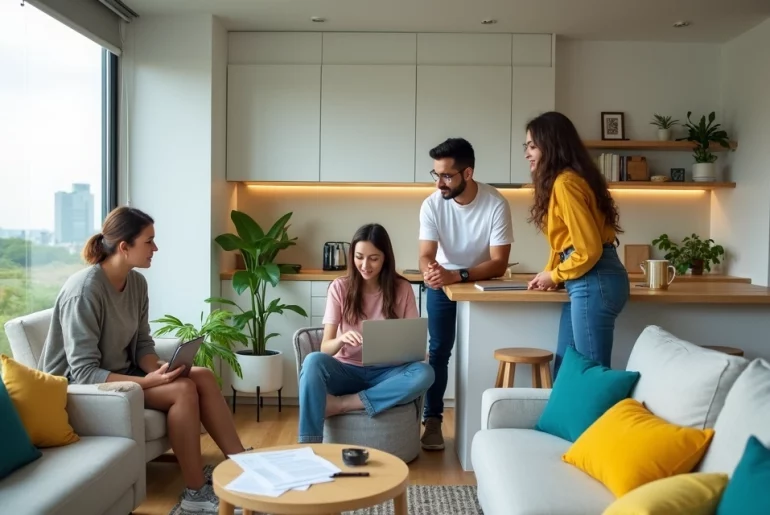 Vista interna de sala integrada com jovens dividindo apartamento em Curitiba