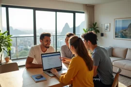 Jovens em sala de apartamento com vista para o Rio de Janeiro pesquisando aluguel de quartos no notebook