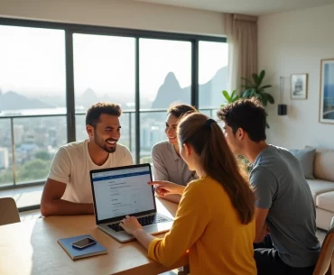 Jovens em sala de apartamento com vista para o Rio de Janeiro pesquisando aluguel de quartos no notebook