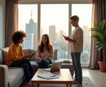 Sala de apartamento compartilhado em São Paulo com jovens conversando