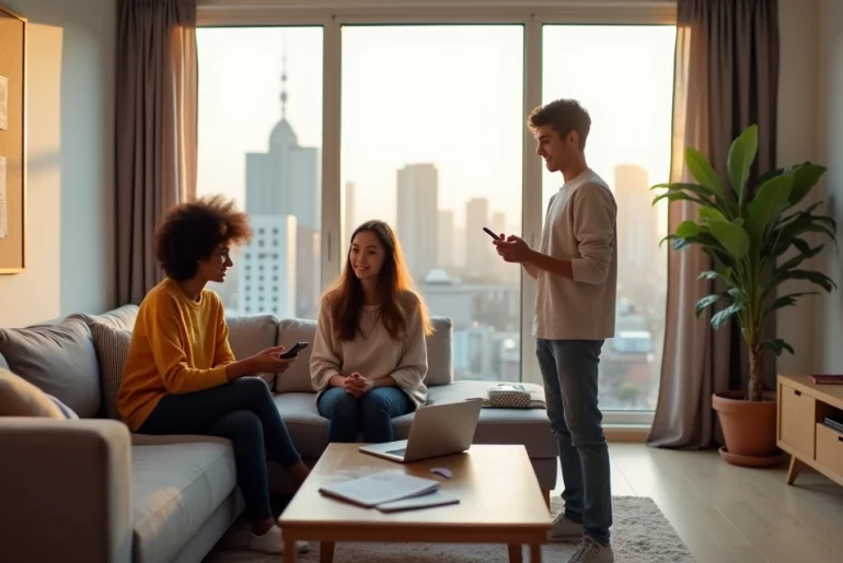 Sala de apartamento compartilhado em São Paulo com jovens conversando