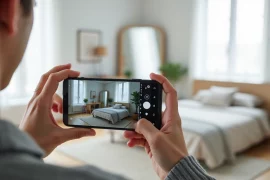 Pessoa fotografando quarto iluminado enquanto grava vídeo do imóvel em um celular