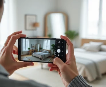 Pessoa fotografando quarto iluminado enquanto grava vídeo do imóvel em um celular