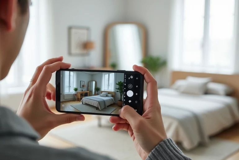 Pessoa fotografando quarto iluminado enquanto grava vídeo do imóvel em um celular