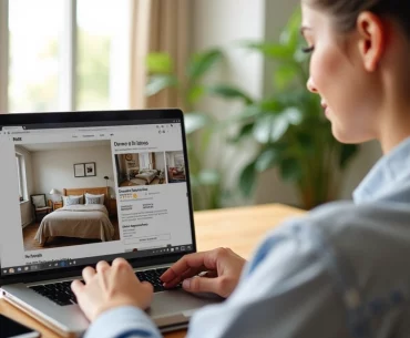 Pessoa anunciando imóvel em laptop com fotos atraentes do quarto