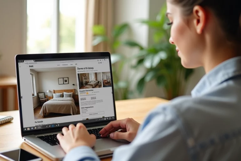 Pessoa anunciando imóvel em laptop com fotos atraentes do quarto