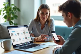 Corretora e inquilino usando notebook e smartphone para gestão digital de aluguel