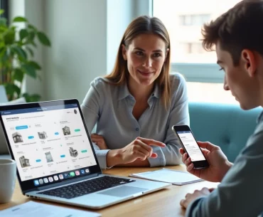 Corretora e inquilino usando notebook e smartphone para gestão digital de aluguel
