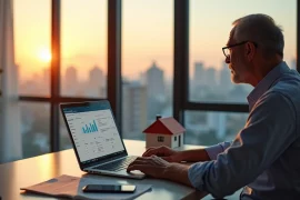 Proprietário usando inteligência artificial para gerenciar aluguel de imóvel em laptop