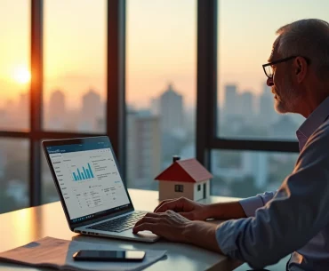 Proprietário usando inteligência artificial para gerenciar aluguel de imóvel em laptop