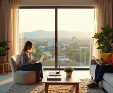 Jovens em sala de apartamento compartilhado com vista para Belo Horizonte