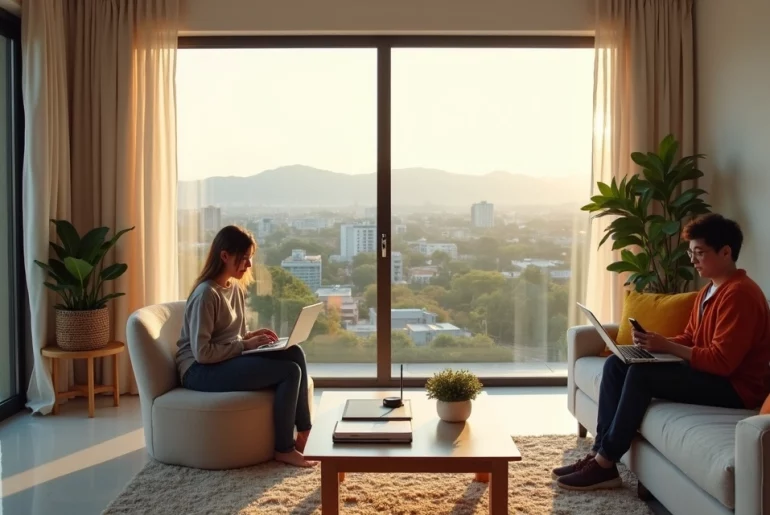 Jovens em sala de apartamento compartilhado com vista para Belo Horizonte