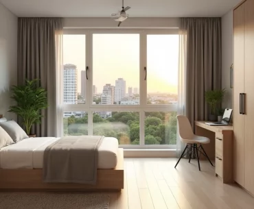 Quarto mobiliado para aluguel com vista de Brasília ao fundo
