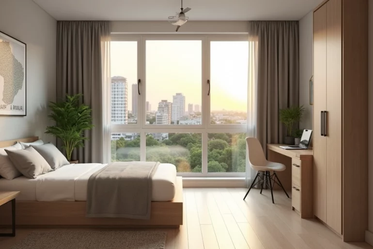 Quarto mobiliado para aluguel com vista de Brasília ao fundo