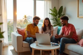 Jovens em sala de estar moderna de apartamento em Salvador organizando aluguel compartilhado