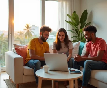 Jovens em sala de estar moderna de apartamento em Salvador organizando aluguel compartilhado