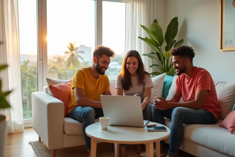 Jovens em sala de estar moderna de apartamento em Salvador organizando aluguel compartilhado