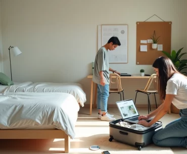 Duas jovens montando quarto moderno compartilhado com mala e notebook sobre a cama
