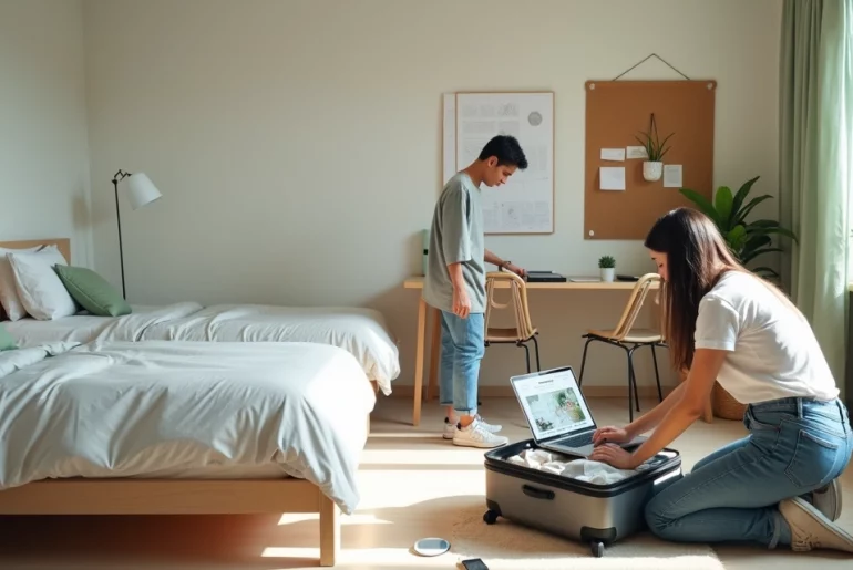 Duas jovens montando quarto moderno compartilhado com mala e notebook sobre a cama